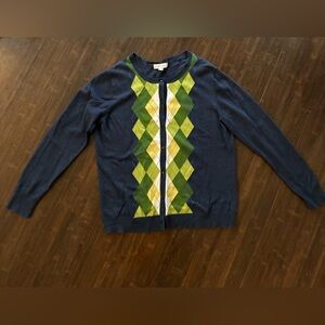 Super Mod Merona Navy and Green Argyle Cardigan, Size XL